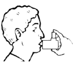 Man demonstrating the proper way to use a spacer with an inhaler, with his lips around the mouthpiece.